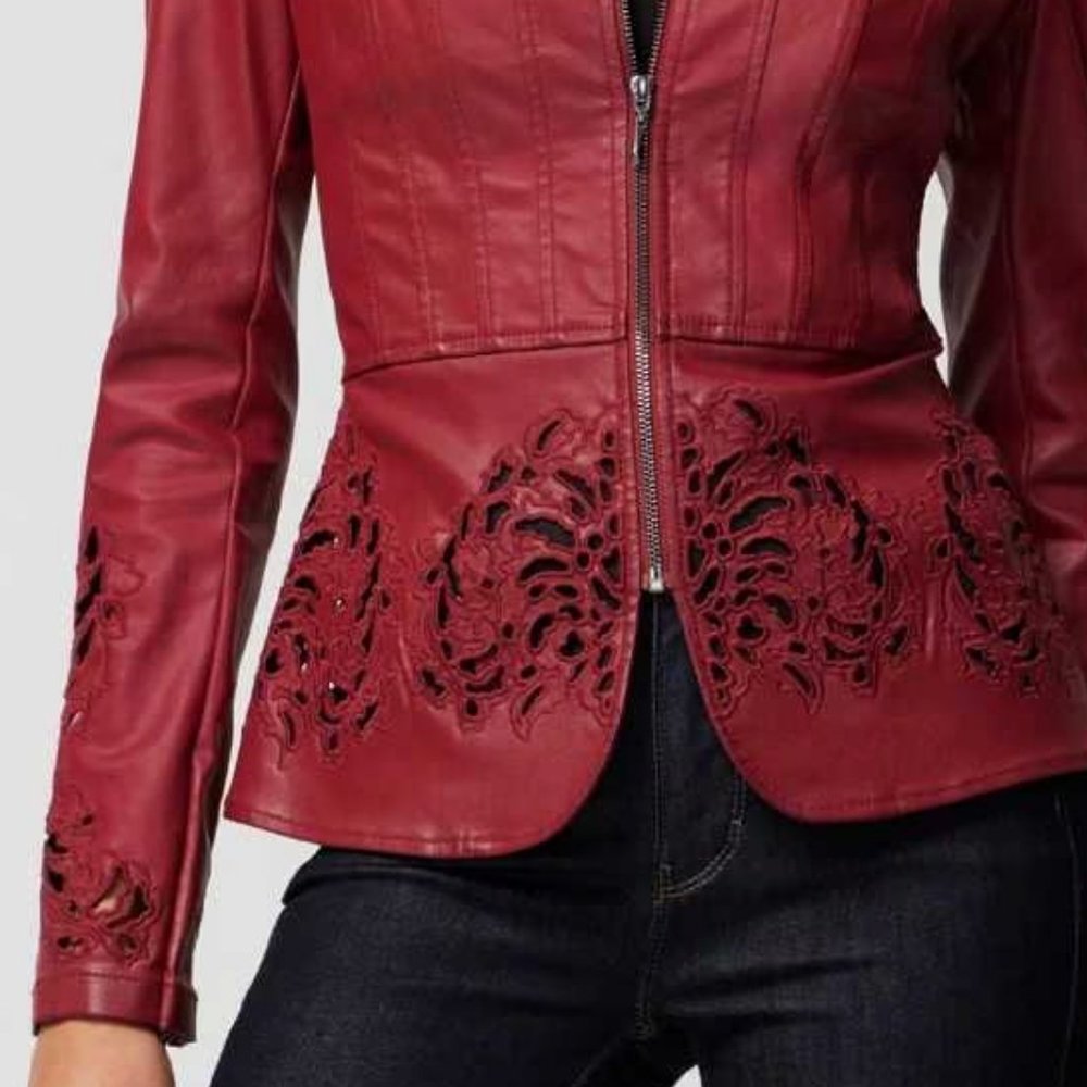WHBM NWT Cutwork Coated Denim Flirty Jacket Dark Red LEATHER LOOK - Picture 5 of 12